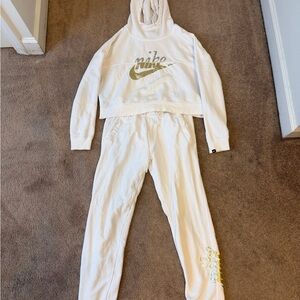 Women Nike Cream Hoodie and Joggers with Gold Accents